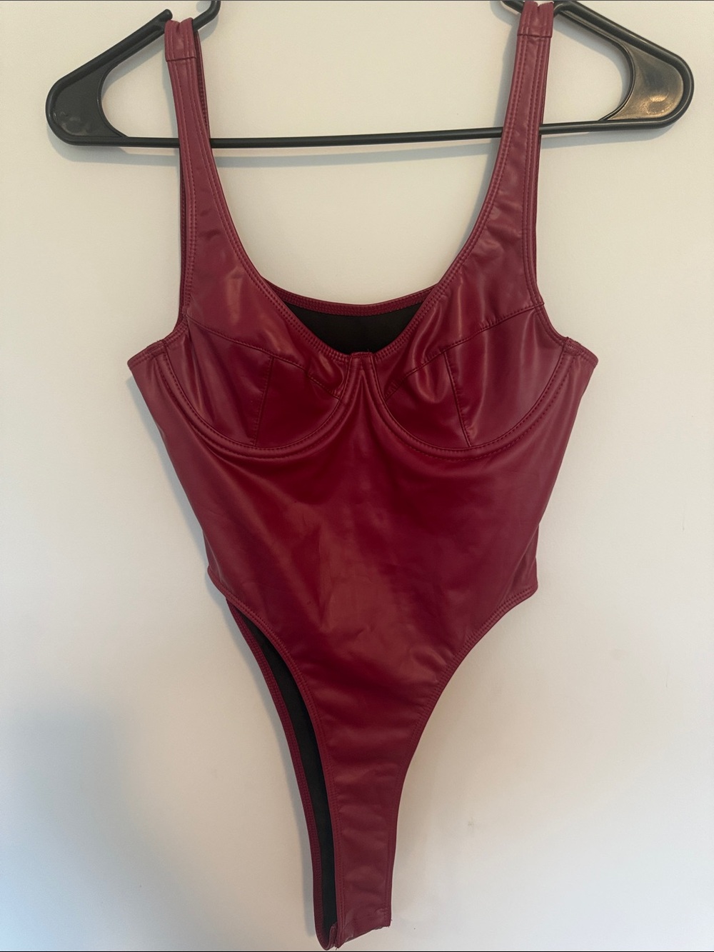 Women’s Red Faux-Leather Thong One-Piece Bodysuit